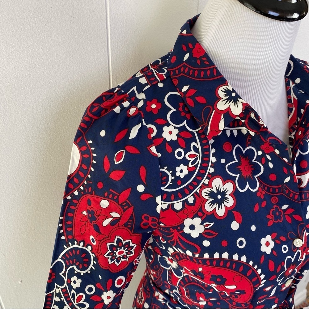 NWT Talbots Paisley Poplin Shirt Dress Size 2P Red Blue Old Money Cotton Belted - Picture 8 of 15
